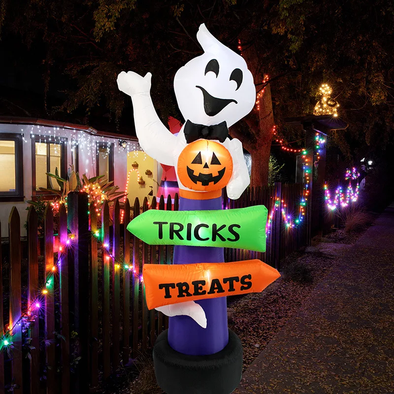 240cm Inflatable Halloween Ghost Pumpkin Decoration Outdoor Road Sign Ornaments Halloween Party Blowing Up Ghost with LED Lights