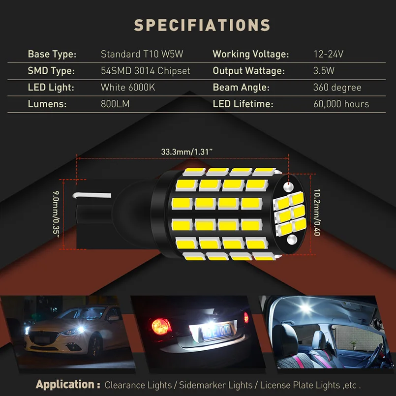 2x Led T10 W5W LED Canbus bulb 168 194 3014 SMD Wedge Parking Light License Plate Light Clearance Lights Reading Lamps White 12V