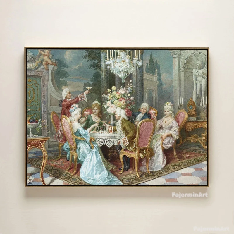 Classical Court Noble Drinking Party Canvas Painting Retro Wall Art Prints Modern Decoration Picture For Interior Wall Decor