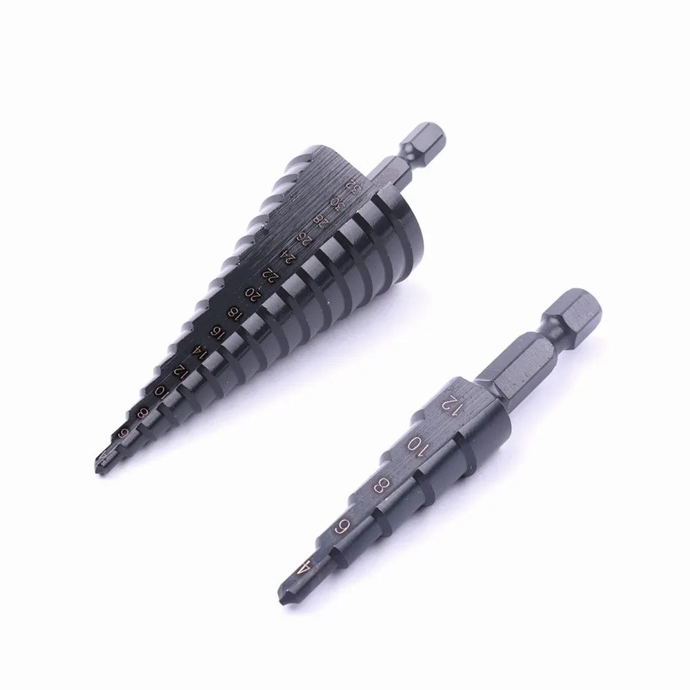 2Pcs 4-12 และ 4-32 มม.HSS Nitriding Black Straight Grooveขั้นตอนเจาะBit Hex Shankขั้นตอนกรวยเจาะBit