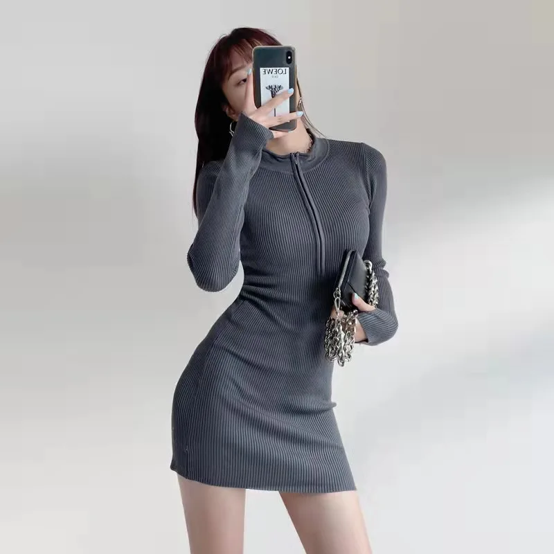 Sexy Hot Girl Style Wommen Long Sleeve Dress Zipper Neck Hip Wrap Knitted Sweater Skinny Vestidos Spring Autumn Base Dress