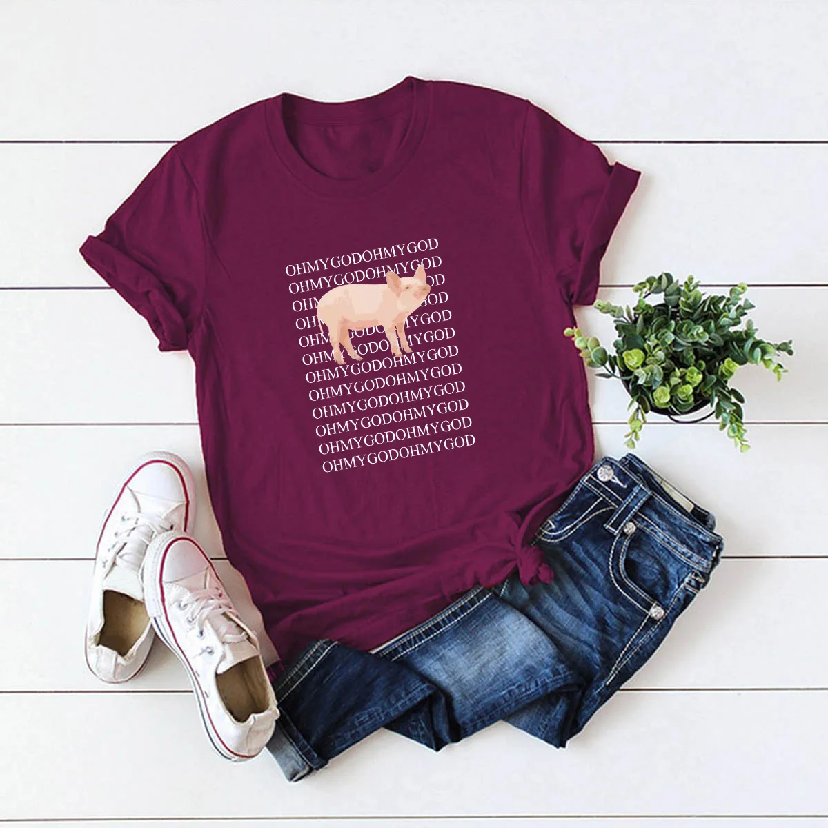 Cute pig wish eBay spoof 2021Oh My God Pig short-sleeved T-shirt 100% cotton female T-shirt top T-shirt graphic T-shirt