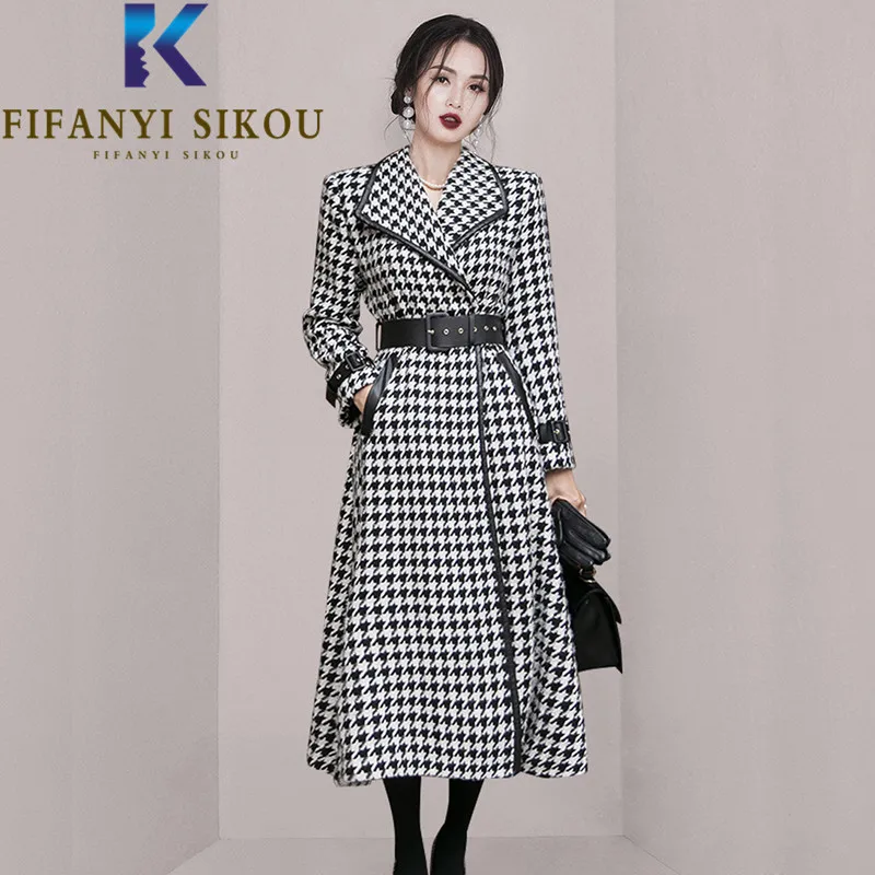 

High Quality Wool Blend Long Coat Women Houndstooth Fashion Belt Lapel Elegant Woolen Coat Winter Thick Warm Overcoat Female