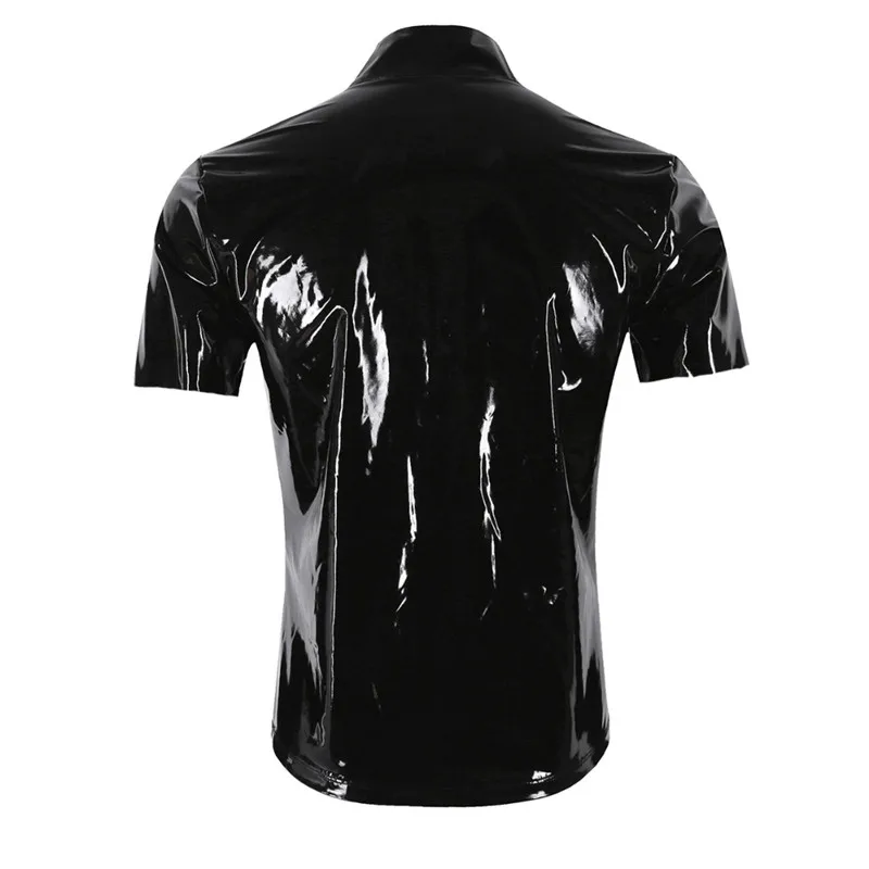 Wetlook-camisetas de cuero de PVC para hombre, Tops negros Punk ajustados, ropa de Fitness de manga corta con cremallera, Tops de escenario, ropa