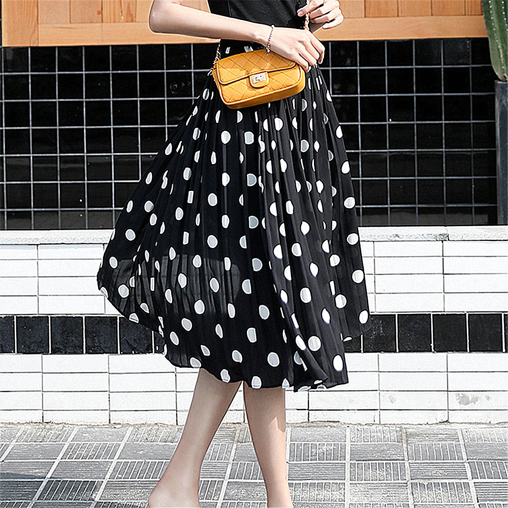 Women\'s Black Dots Chiffon Polka Skirts Vintage Classic Elegant Sweet Female Elastic Waist Pleated Beach A-Line Plus Size Chic