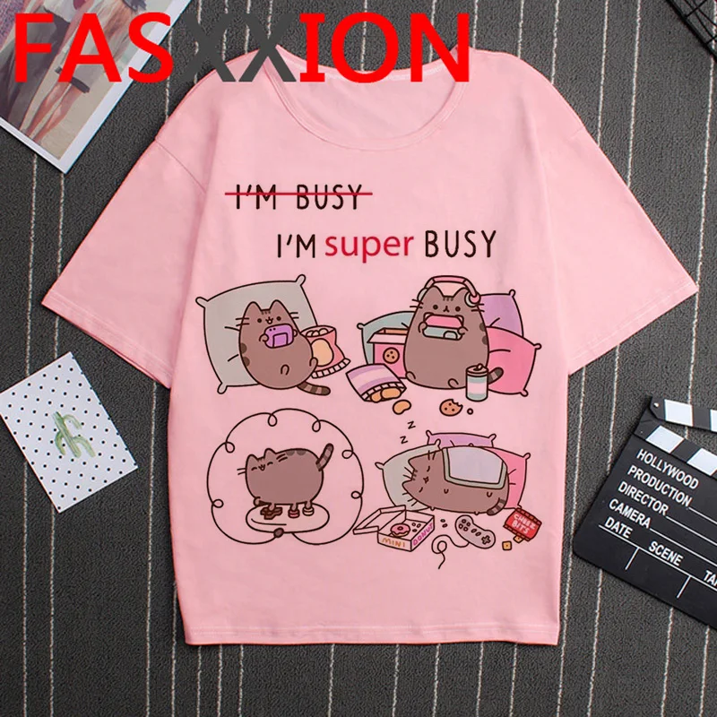 Kawaii Pusheen Cat T Shirt Women Cute Graphic Tees Funny Cat Shirt Ulzzang Korean Style T-shirt Streetwear Female