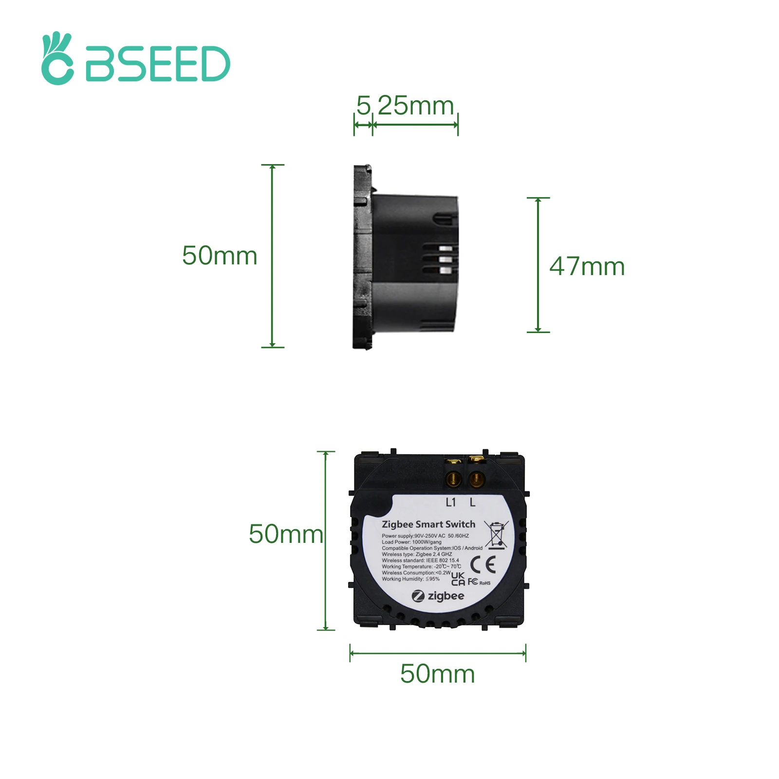 BSEED Zigbee Smart Switch 1/2/3Gang Touch Light Switch Function Part Smart Home Tuya Alexa Control Without Glass Panel