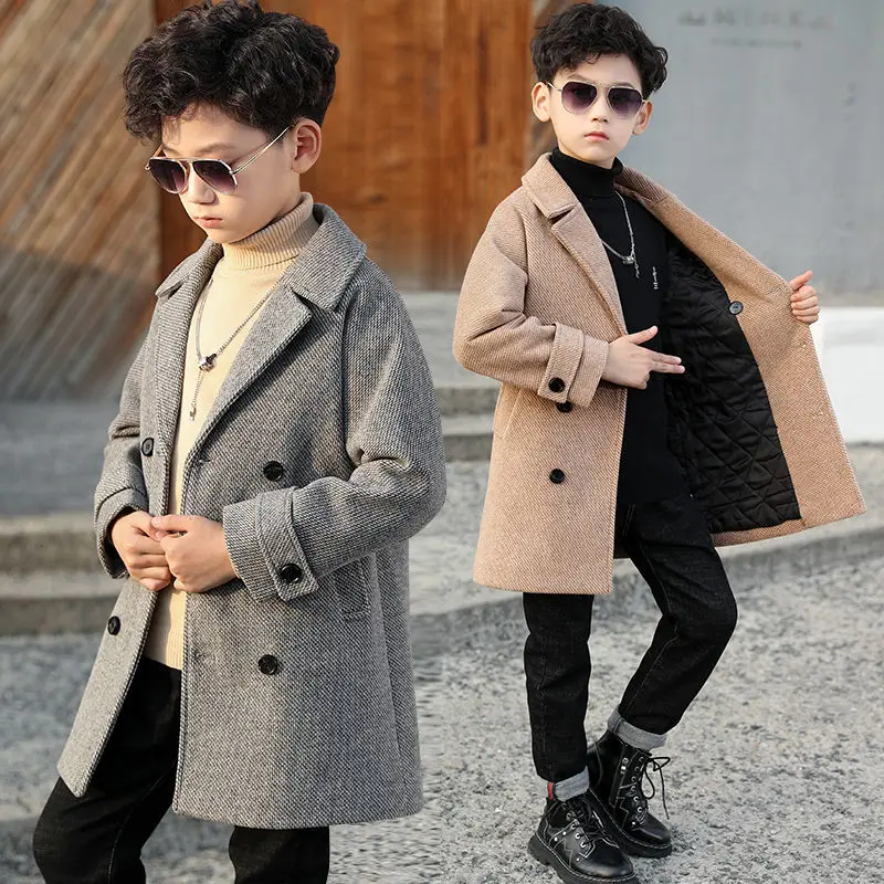 Boy Woolen Coat 2023 Autumn Winter Jacket New Fashion Turn Collar Solid Double-Breasted Children\'s Outerwear Trench High Quality