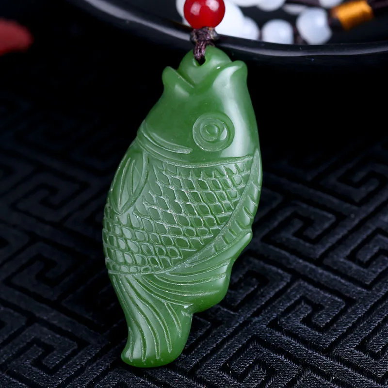 

Natural Green Double-sided Carved Carp Pendant Fashion Boutique Jewelry for Men and Women with Fish Necklace Every Year