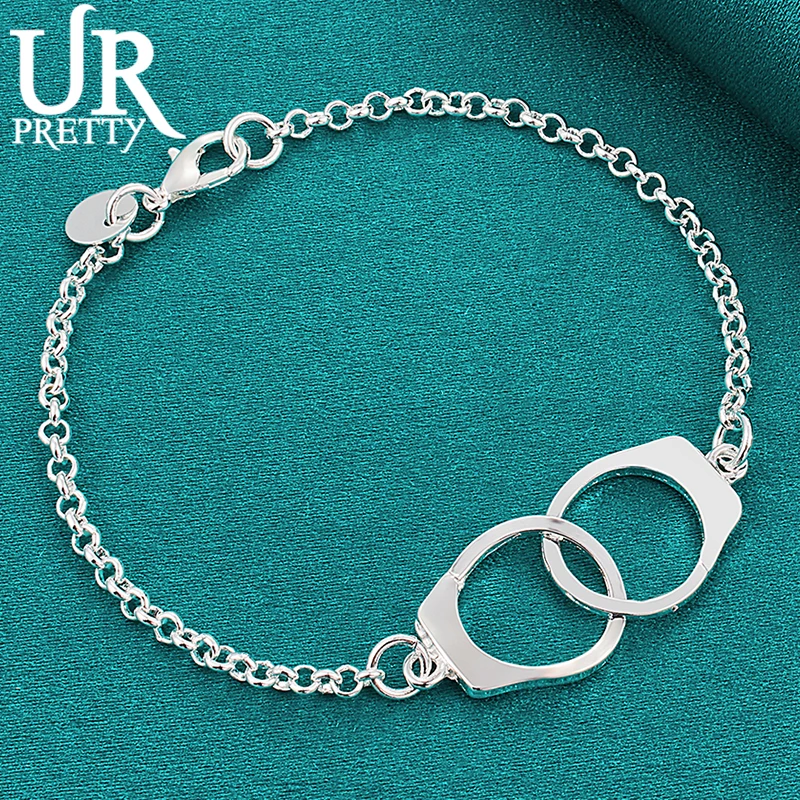 

URPRETTY 925 Sterling Silver Handcuffs Chain Bracelet For Women Wedding Party Engagement Charm Jewelry