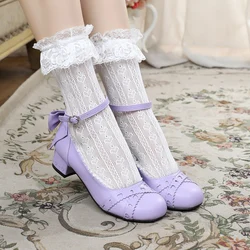 Japanese Sweet Lolita Shoes Kawaii Girl Round Head High Heel Shallow Mouth Bandage Kawaii Shoes Cosplay Loli Daily Single Shoes