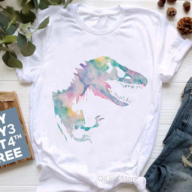 

Watercolor Dinosaur Animal Print Tshirt Femme Summer Top Female White Short Sleeve Jurassic Park T Shirt Women Vaporwave T-Shirt