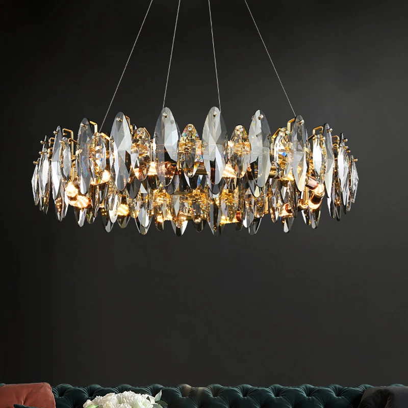 Modern Crystal Round Shape Chandelier For Living Room Luxury Smoky Gray Crystal Lamp Bedroom Hanging Light Golden Lamp Body