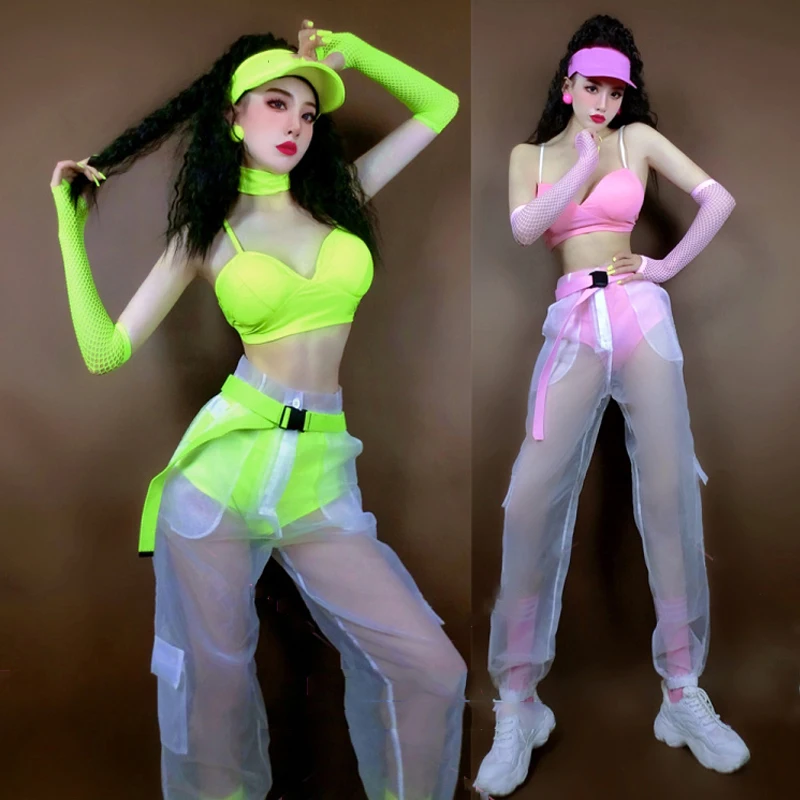 Hip Hop Dance Clothes For Women Green Pink Bikini Perspective Pants Jazz Dance Dj Ds Nightclub Bar Gogo Dance Costume DNV15376