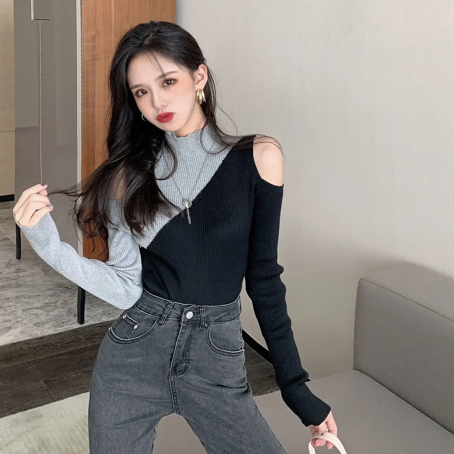 Woman Sweaters Women\'s Knitwear 2024 Autumn Sweater Slim-Fit Contrast Colors off-the-Shoulder Top Femme Chandails Pull Hiver