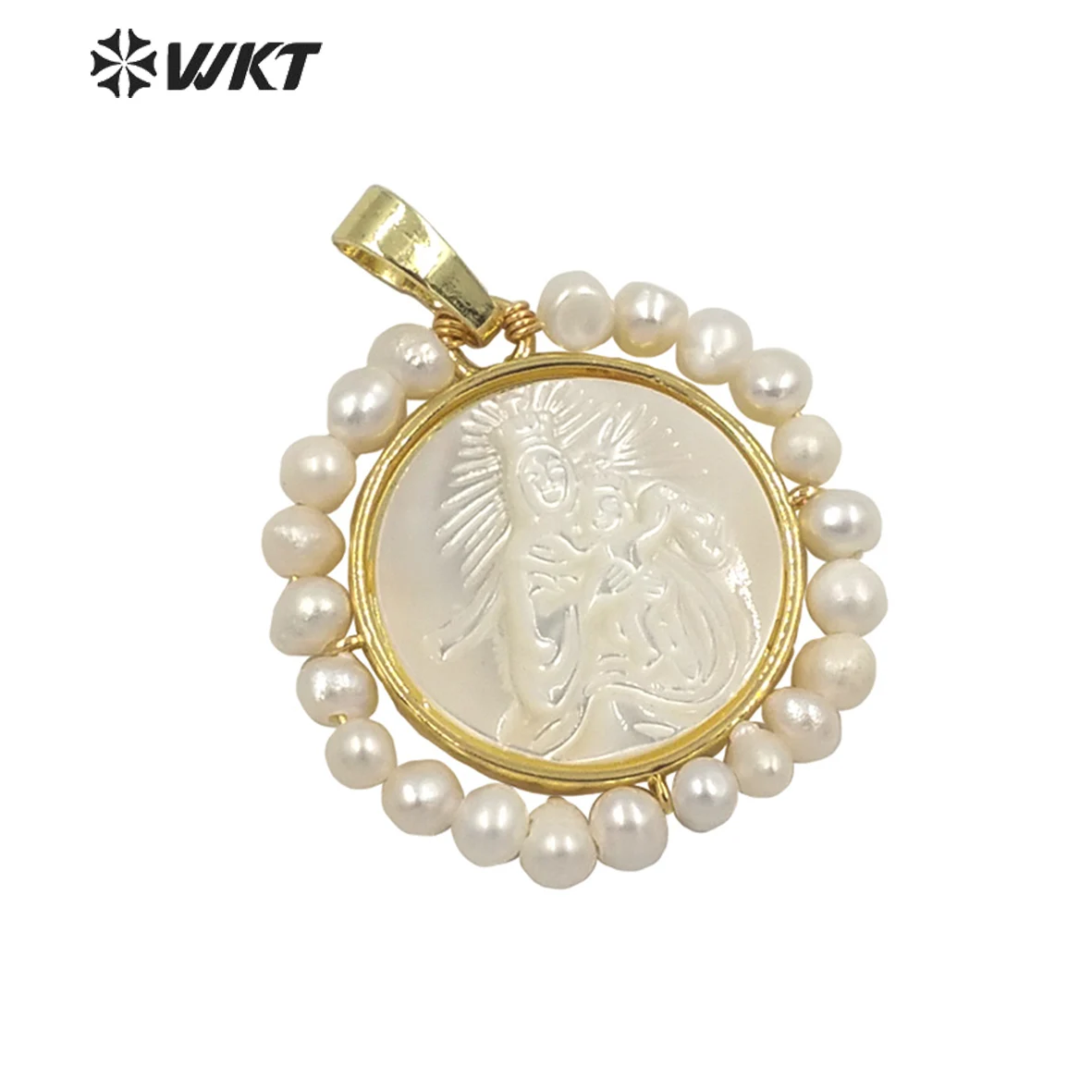 

WT-JP262 Gorgeous Religious Jesus And Mary Mother Pendant Fashion Gold Hand Made Freshwater Pearl White Shell