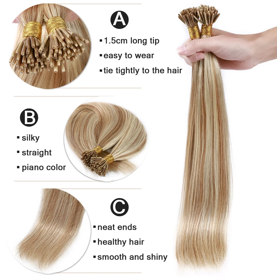 S-noilite 50pcs I Tip Microlink Hair Extensions 1g/s Straight Human Hair Fusion Keratin Micro Ring Stick Hair Pre-Bond Blonde