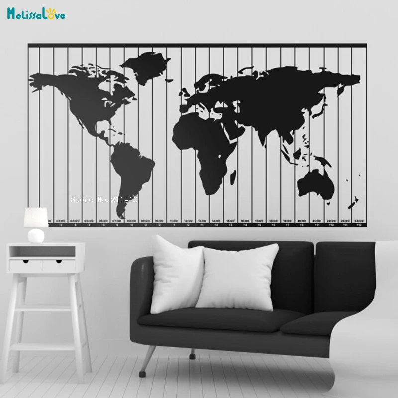 Large Size World Map 24 Time Zones Wall Sticker Large Size Office Decor Business Self-adhesive Sophisticated Decal Vinyl YT3176