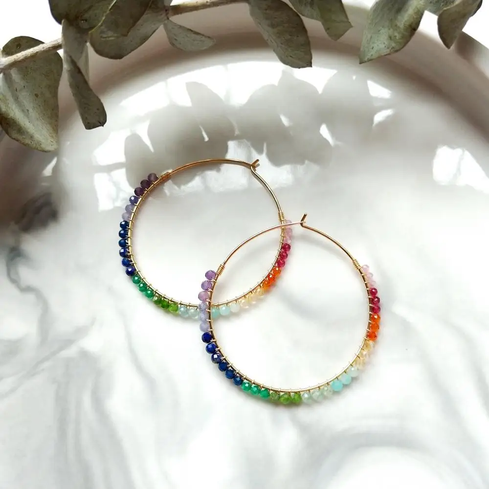 Lii Ji Rainbow Stone 925 Sterling Silver 18K Gold Color Big Hoop Earrings Tiny Small Stone Beaded Earrings For Women Girls Gift