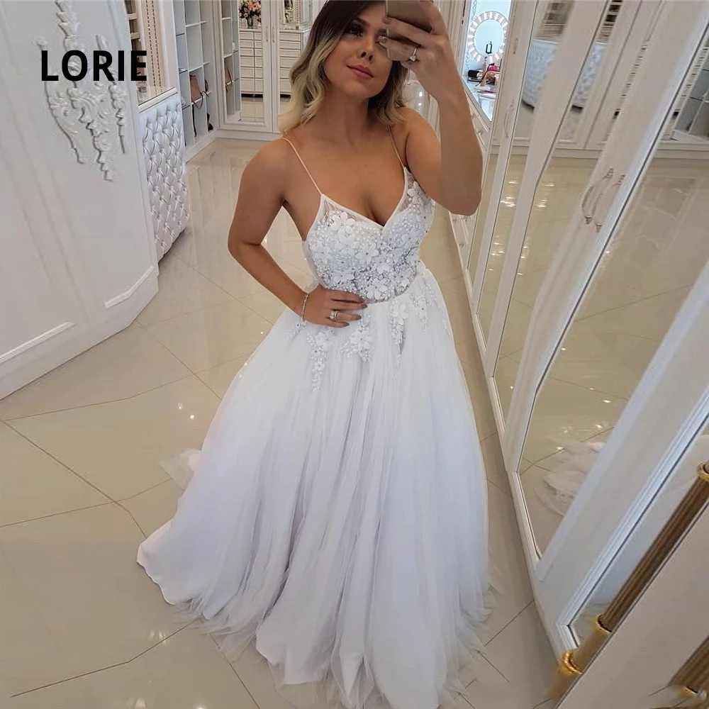 LORIE Spaghetti Strap Strand Hochzeit Kleider Sexy V-ausschnitt Weichen Tüll mit Appliqued Perle Perlen Ballkleid Prinzessin Brautkleider