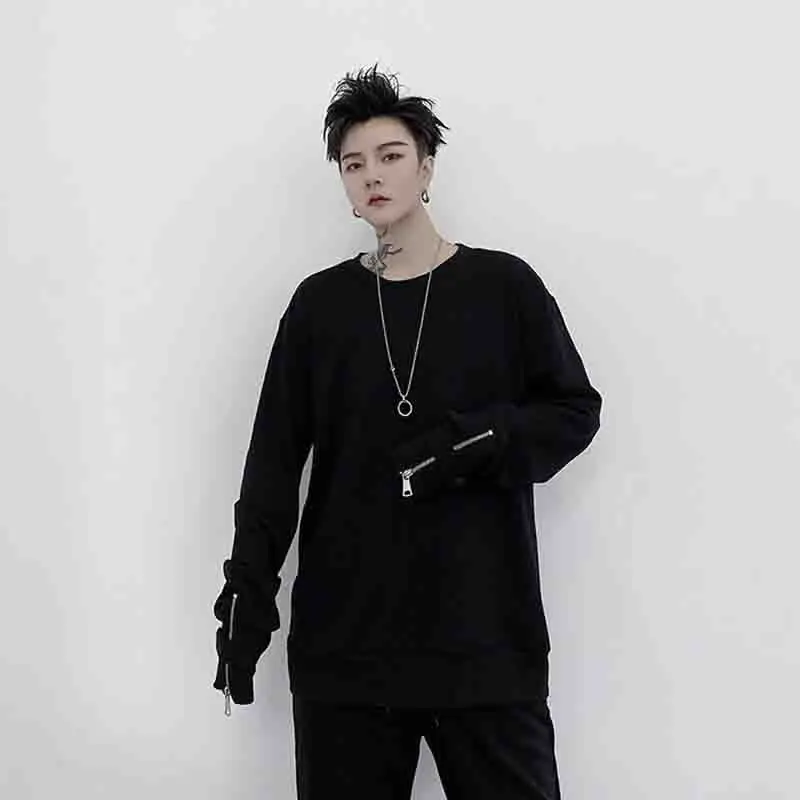 

Spring And Autumn New Dark Loose Round Necked Sweater Men's Fashion Trend Personalized Tie Sleeve Casual Bottomed Shirt