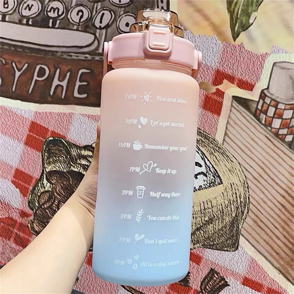 2L Large-capacity Water Bottle With Bounce Lid Timeline Reminder Leak-proof Frosted Cup For Outdoor Sports And Fitness