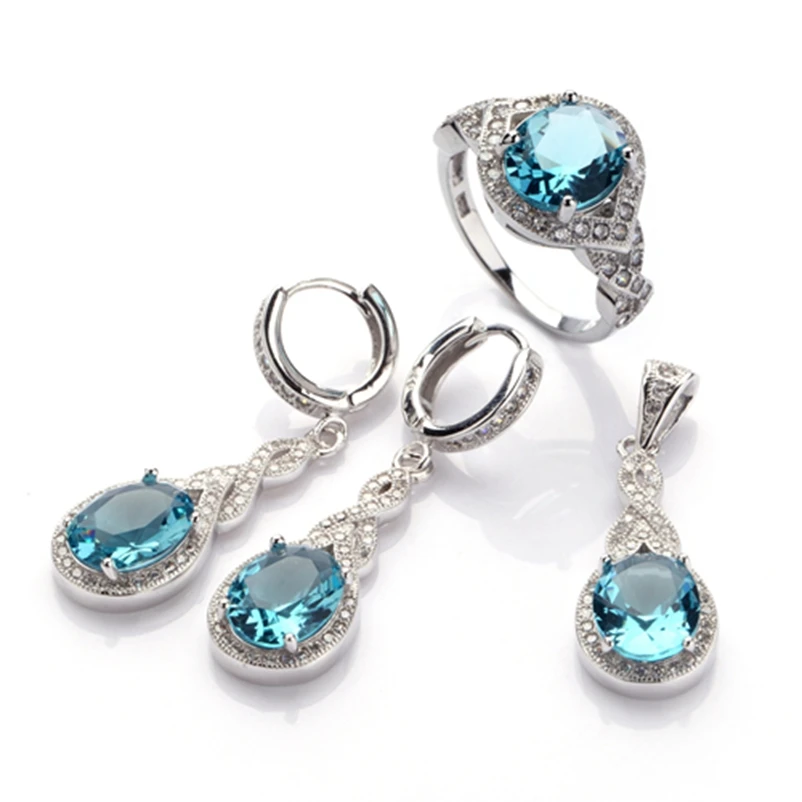 

SHUNXUNZE Charm jewelry sets for women's clothing accessories (ring/earring/pendant) Blue Cubic Zirconia Rhodium Plated R3161set