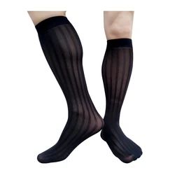 Sheer Thin Mens Long Socks Knee High See Through Sexy Stocking Tube Hose Striped Black Navy  Fashion Gentlemen Socks