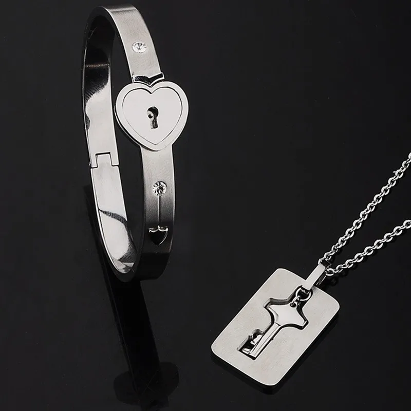 Concentric Lock Key Bracelet Suit Titanium Steel Fashion Jewelry Bracelet Necklace Couple Sets