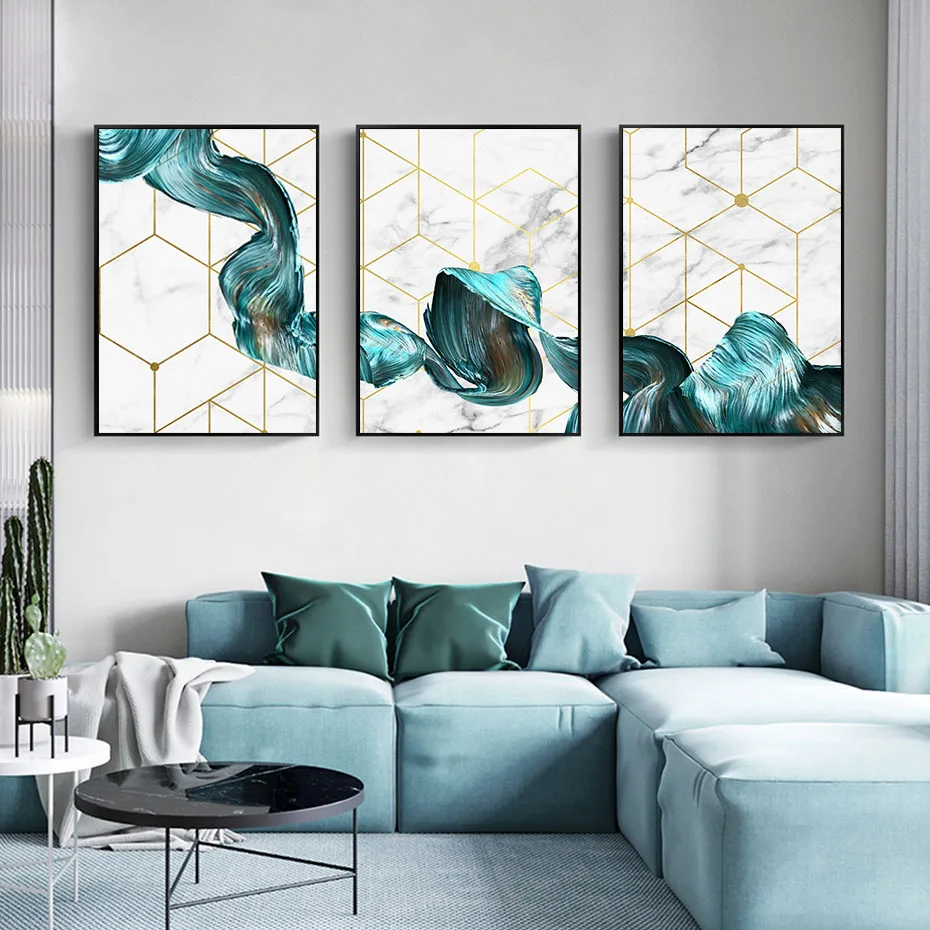 Modern Abstract Blue Geometric Marble Background Nordic Canvas Painting Wall Art Pictures Over the Sofa Home Interior Decoration