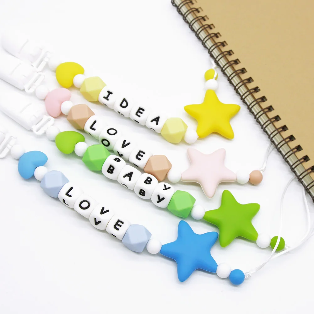 Cute-Idea-Cadena de chupete para niños pequeños, mordedor de cuentas de silicona con estrella, nombre personalizado, accesorio para roedores,