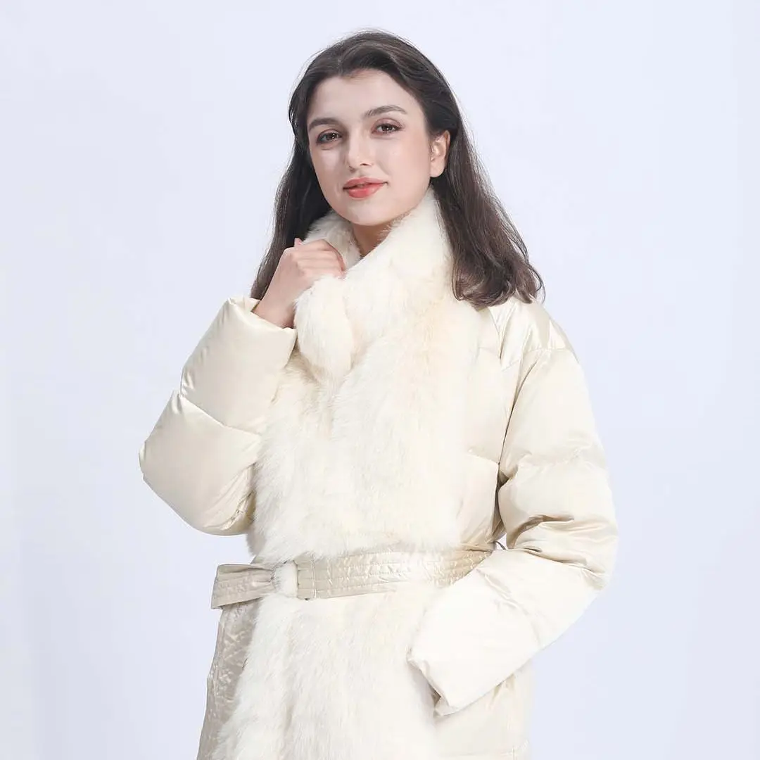 

Ladies Fashionable Down Coat Goose Feather Padded Warm Long Stand Collar Fur Trim Detachable Winter Women Clothing