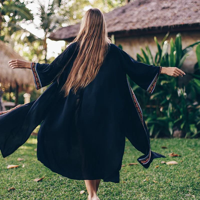 Đen Cotton Thêu Dài Đi Biển Mùa Hè Đầm Cotton Áo Thun Nữ Mặc Đi Biển Quần Bơi Che Áo Dây De Plage