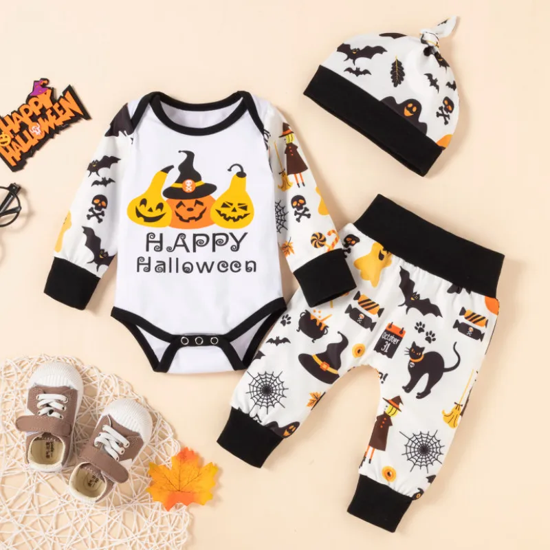 Baby Boys Three-piece Clothes Set, Letters and Pumpkin Printed Pattern Romper, Pants and Cap