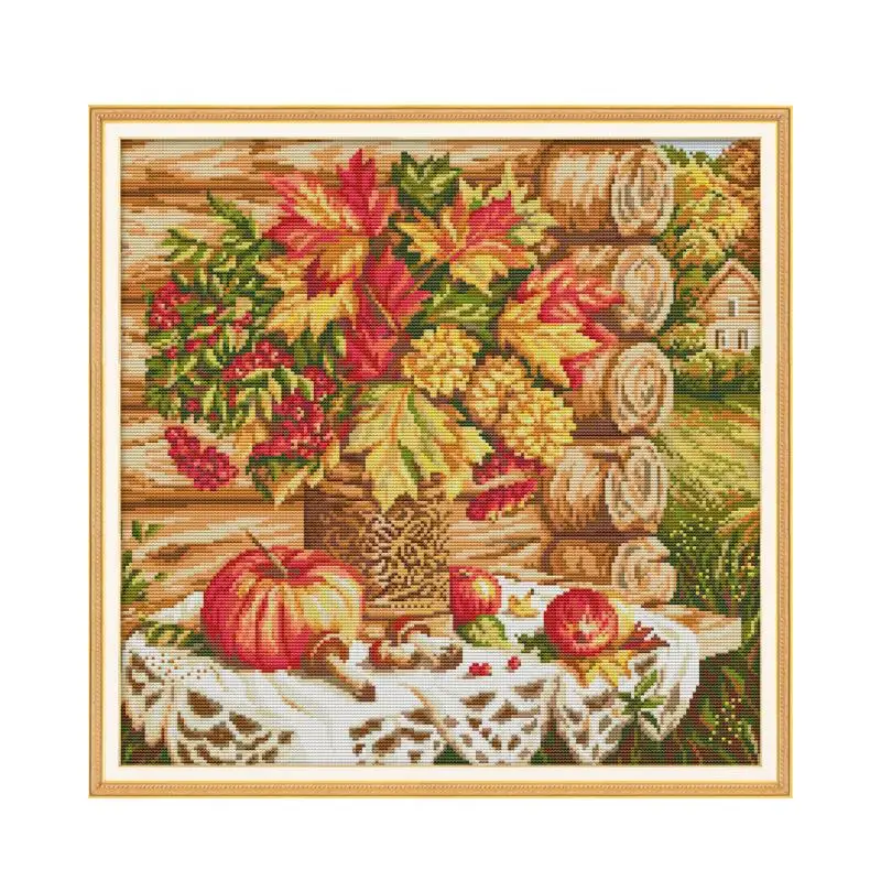 A Harvest Of Autumn Flowers cross stitch kit aida 14ct 11ct count print canvas cross stitches   needlework embroidery DIY handma