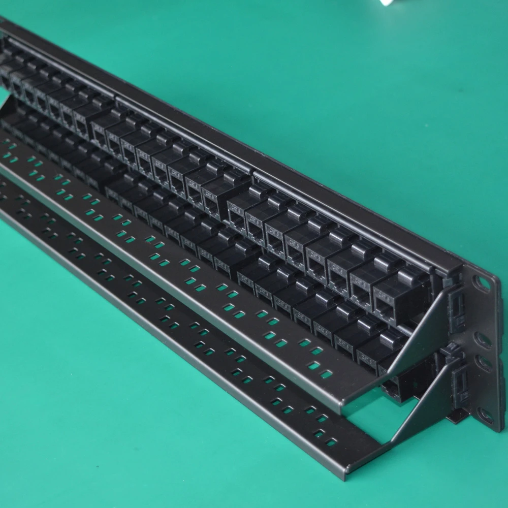 19in 2U Cabinet Pass-through 48 Port CAT6 CAT6A Patch Panel RJ45 Network Cable Adapter Keystone Jack Modular Distribution Frame