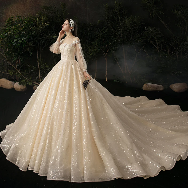 Hochzeit Kleid Oansatz Tüll Blumen Druck Stickerei Volle Puff Ärmeln Einfache Elegante Spitze up Lange Neue Frauen Braut Kleider B035