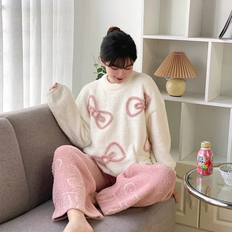 Warm Winter Pajamas Set Cute Big Bow Sleepwear Feather Yarn Knitted Nightwear Soft Home Wear Women's Pyjama Cartoon Pijamas Suit