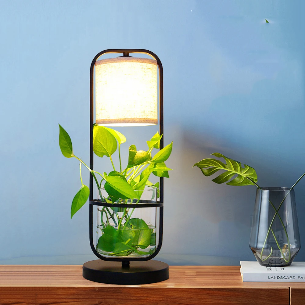 Fashion Nordic Bedside LED Glass Plant Table Lamp,Modern Office Study Table Light Fabric Art Desk Lamp for Home Lighting