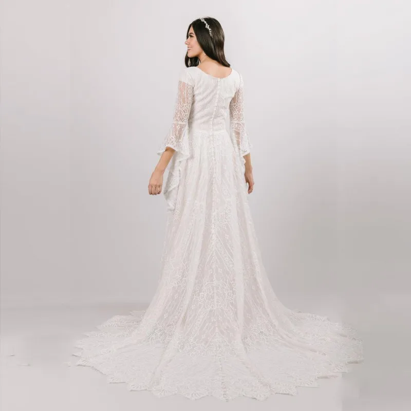 Sumemr-Robe de mariée en dentelle à col en V et manches chauve-souris pour la plage, robe de mariée chic, nouveaux patients bohèmes, robe éducative, 2024