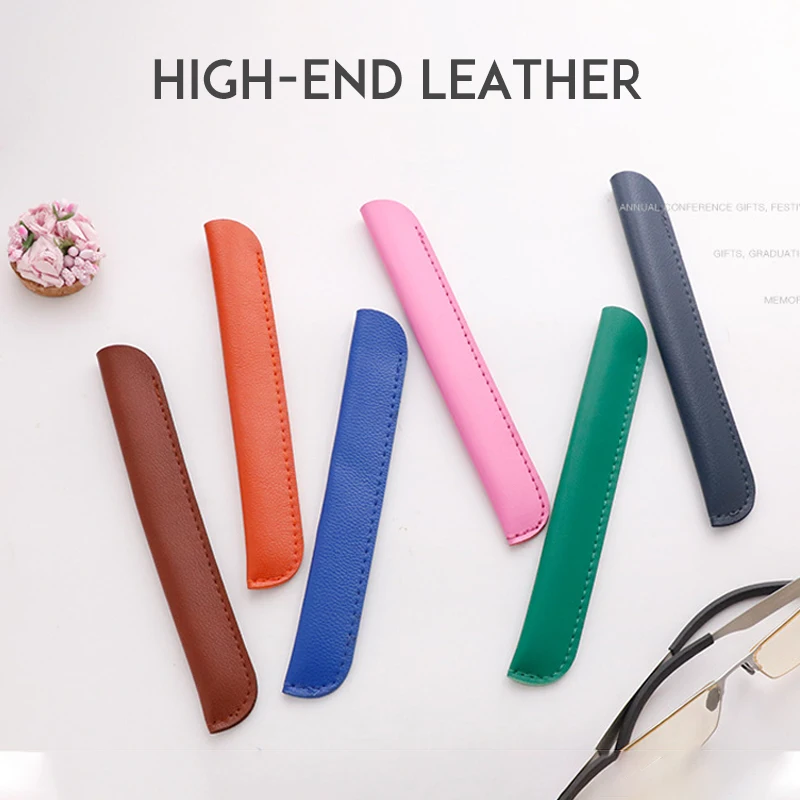 Business Portable Pen Case Creative Personality Gel Pen Protective Cover Simple Solid Color Leather Pen Pencil Case Stationery