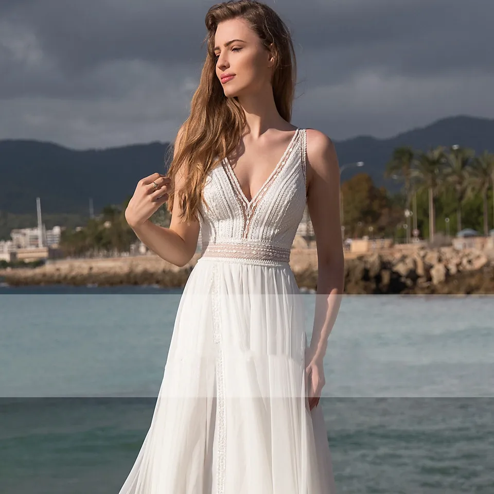 Beach White Wedding Dresses Summer 2024 Vestito De Novia V Neck Backless Bohemian Floor Length Sleeveless A-line Bridal Gowns