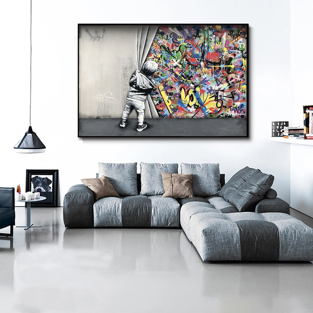 Framed Ready to Hang Graffiti Art Paintings on the Wall Posters and Prints Kids Behind The Curtain Abstract Pictures Home Decor