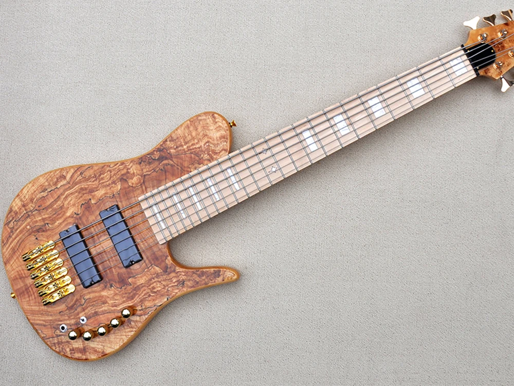 

6 Strings Natural Electric Bass Guitar with Active Circuit,Spalted Maple Veneer,Maple Fretboard