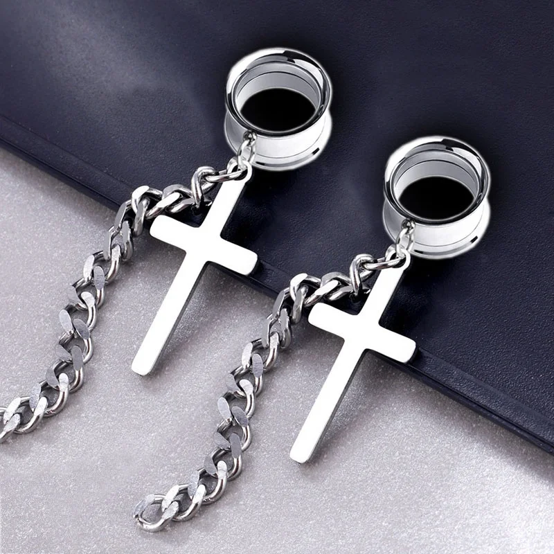 2pieces  Ear Piercing Surgical Steel Ear Plugs Tunnels Ear Expansions Ear Reamer Ear Dilations Cross Chain Dangle Punk Jewelry