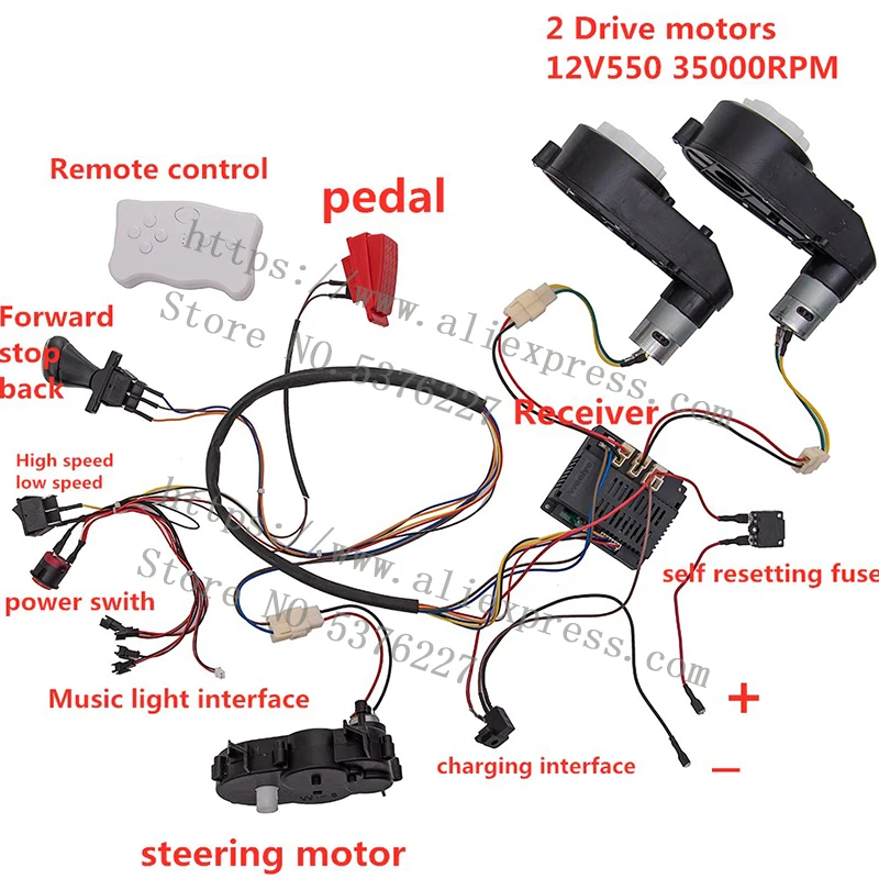 

Kids Power Wheels 12V DIY Harness Transform Complete Set of Remote Control Circuit Board Wires Switch, replacement parts.