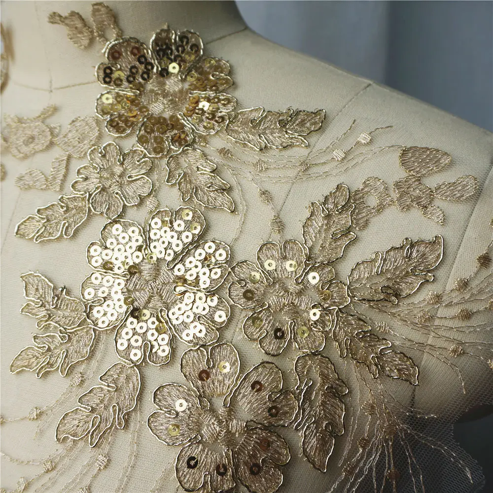 2PCS Gold Sequin Flower Tassel Wedding Gown Appliques Lace Fabric Embroidered Trims Collar Mesh Sew Patch For Dress DIY Decorat