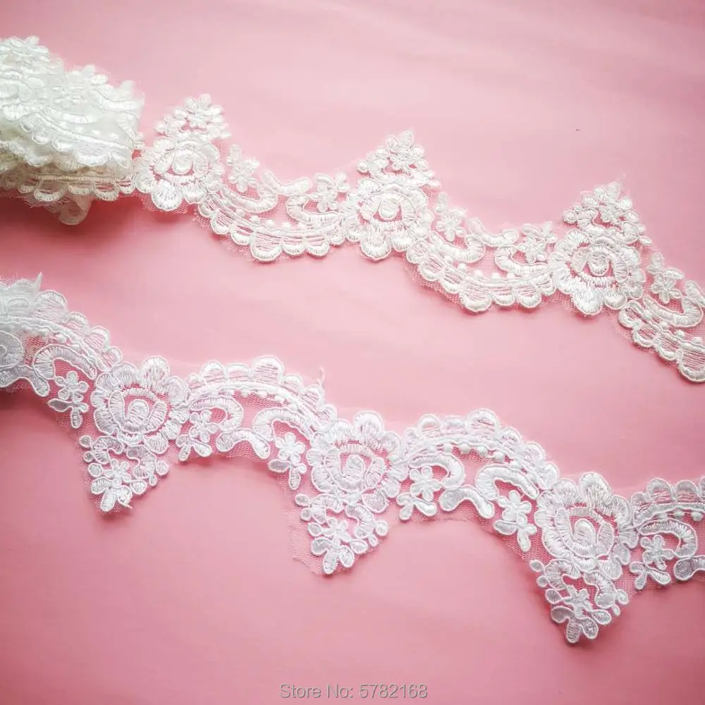 3Yard/7cm  White Ivory Cording  Edge Polyester Embroidery Lace Trim for Bridal Wedding Gown Costume Design Lace Ribbon