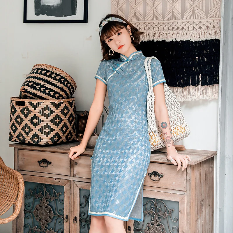 2023 Lace Cheongsam Slim Young Girl Fashion Student Catwalk Dresses Improved Mid-Length Cheongsam Dress Modern Qipao Dress