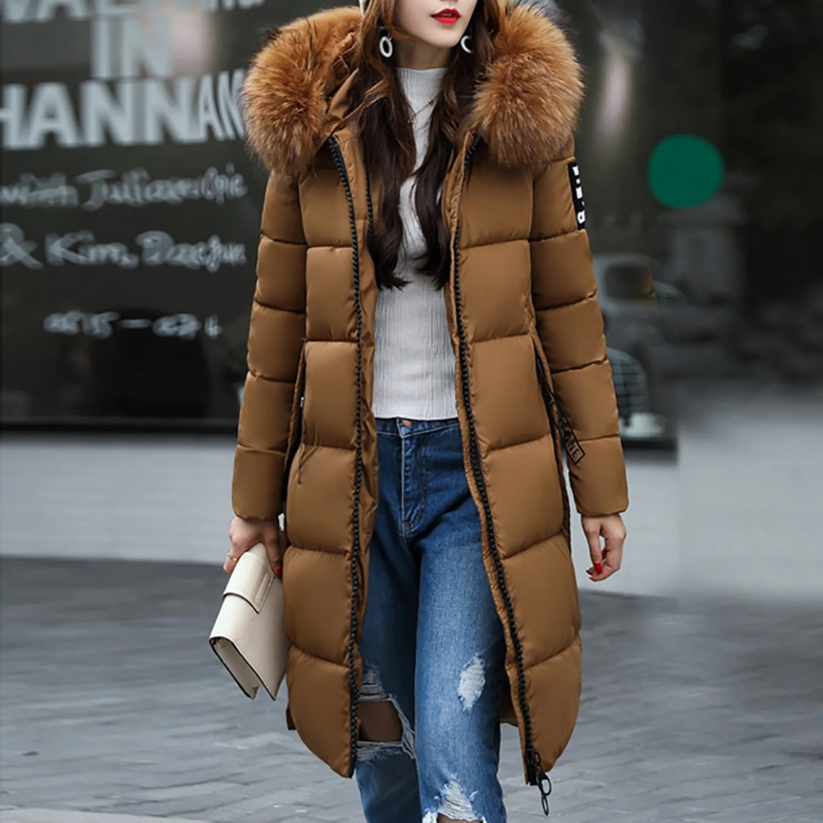 Women's Long Winter Down Coat Hooded Long Sleeve Thick Cotton Padded Warm Long Coat Female Hooded Collar Quilted Down Jacket